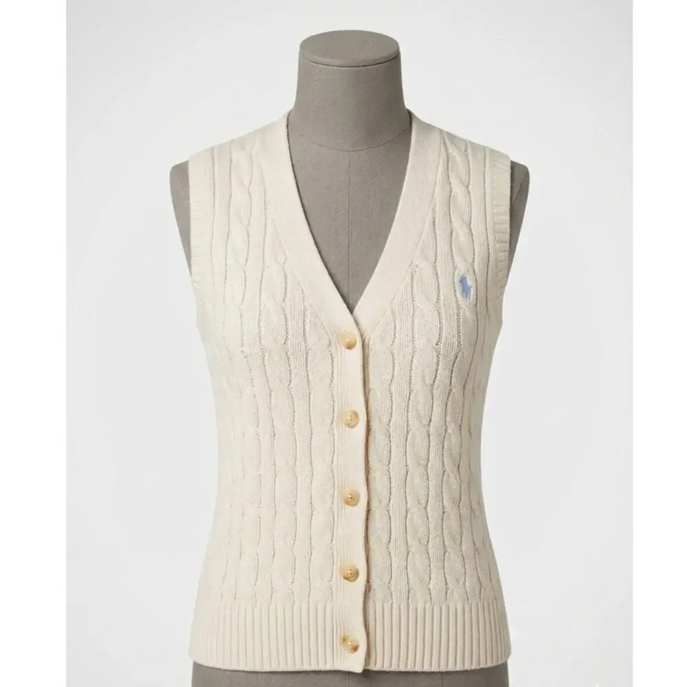 Polo Ralph Lauren Kids Cable-Knit Button-Up Vest – Cream / Ivory, Size S (7)
